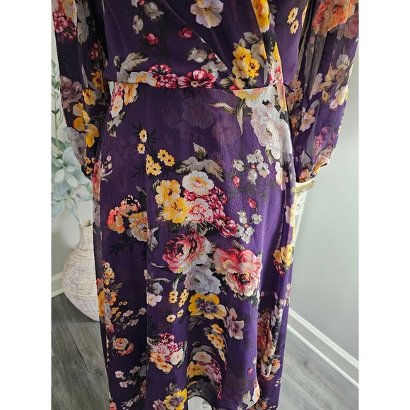 DKNY Purple Floral Print Chiffon Faux Wrap Puff Sleeve Midi Dress Size 10 - Picture 5 of 9
